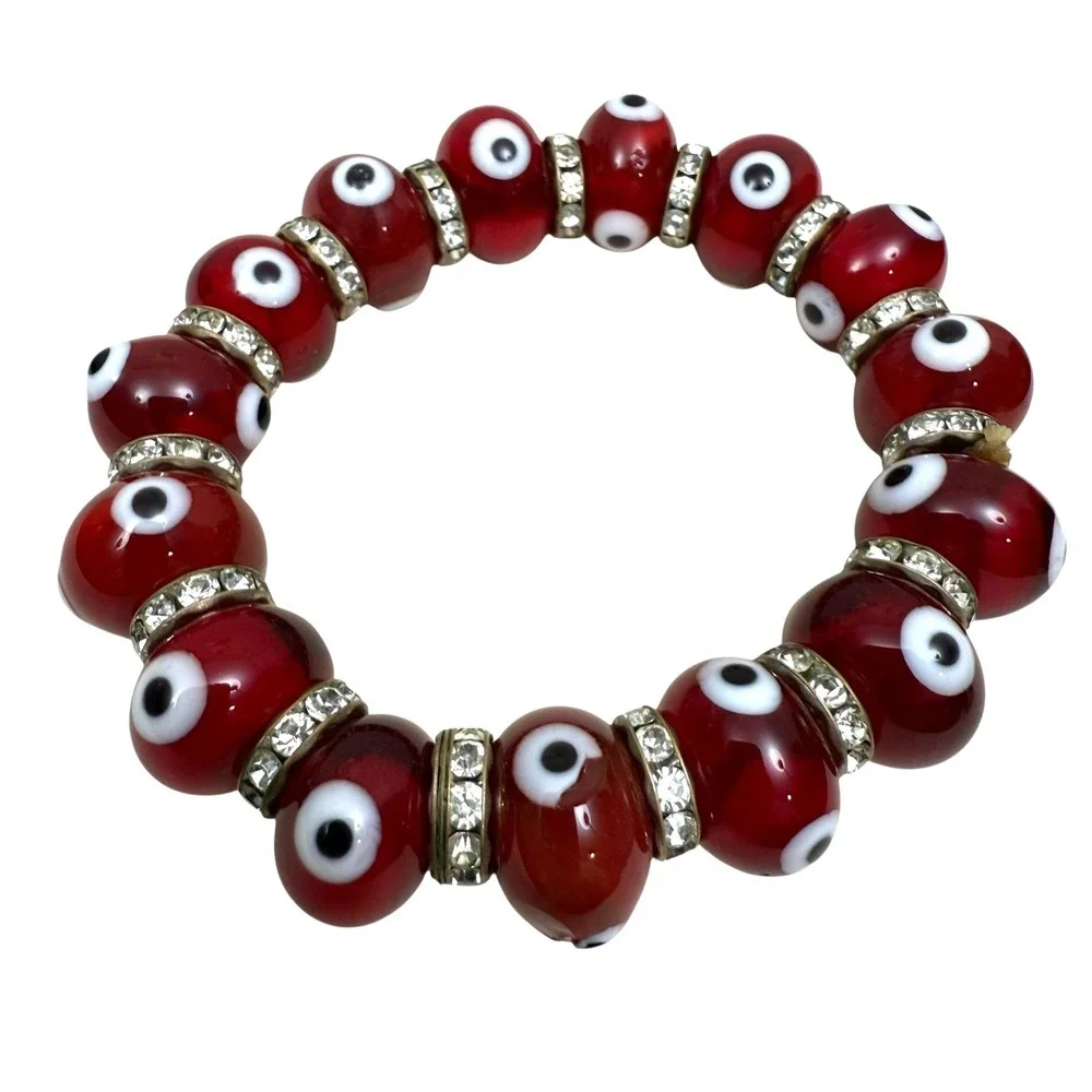 Evil Eye Bracelet Glass Lampwork Bead 10mm Stretch Good Luck Kabbalah Protection